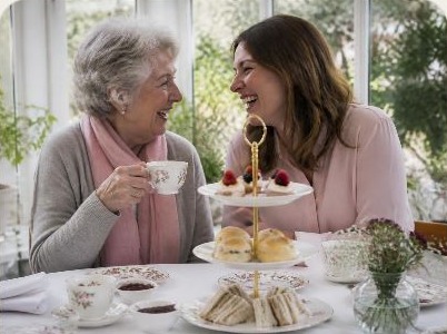 An older lady and her daughter laughing over afternoon tea