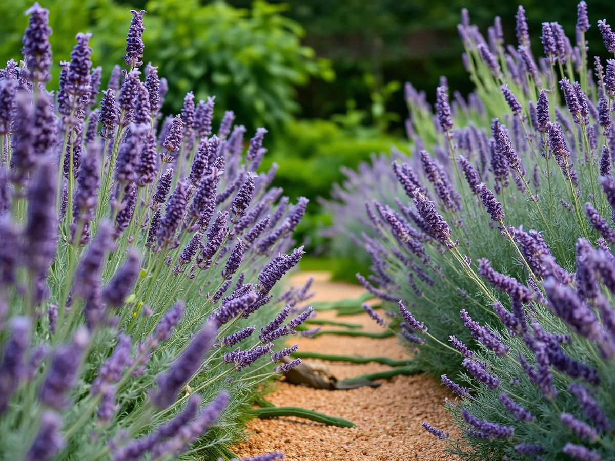 Lavender-lined garden path in an English country garden